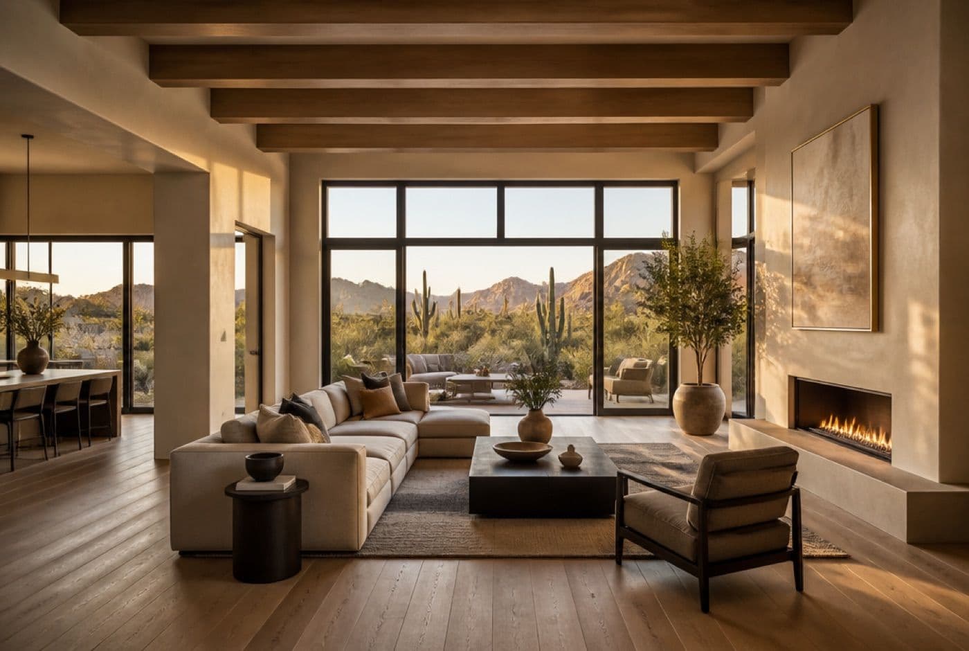 A finished great room with timber beams and desert views