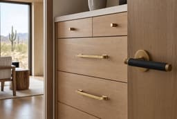 Brass cabinet pulls and a leather-wrapped door lever