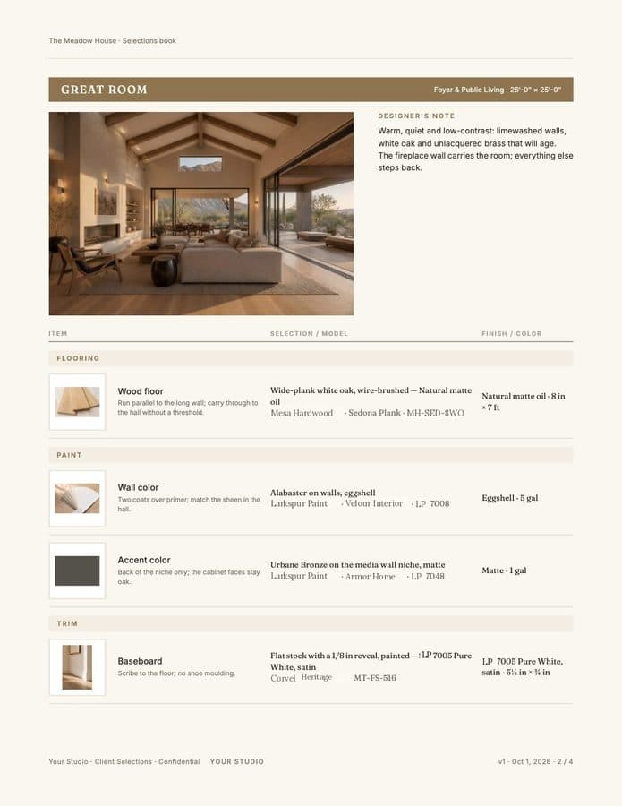 Selections worksheet look book, room page